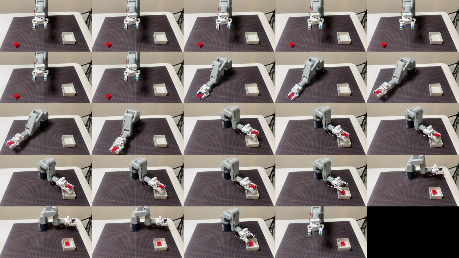 フィジカルAI研究室を作る Log#4 | Physical Intelligenceπ0.5を mechArm 270 のデモで追加学習し、Mac で予測を受け取るまで|比較の基準として、既存のスクリプトで「赤ブロックを白箱へ」を横から撮影した