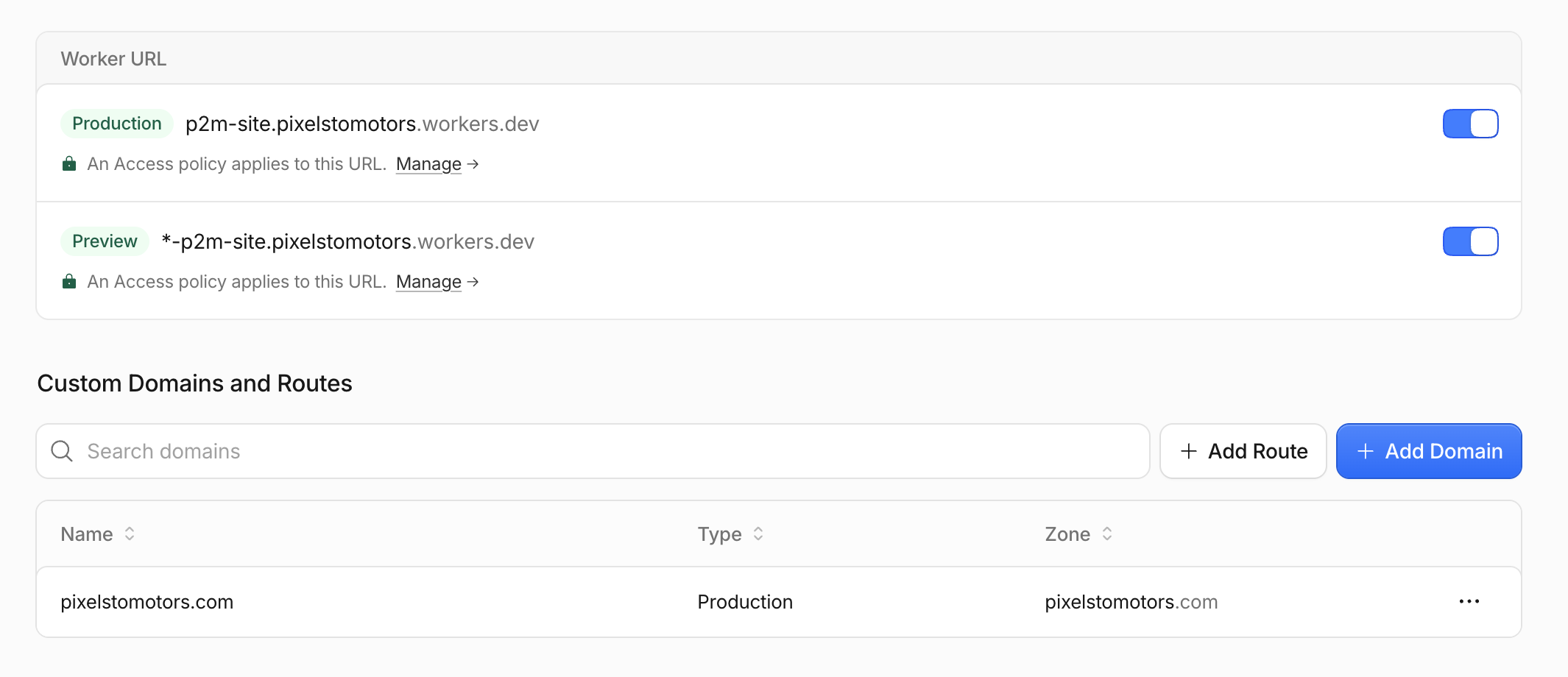 Studio を閉じて、旧 URL は Cloudflare で転送する ― 公開・通知メール・DNS 移行・LOG への改番を1日で｜Access の範囲を「All traffic」から「Previews only」にして、pixelstomotors.com を公開した