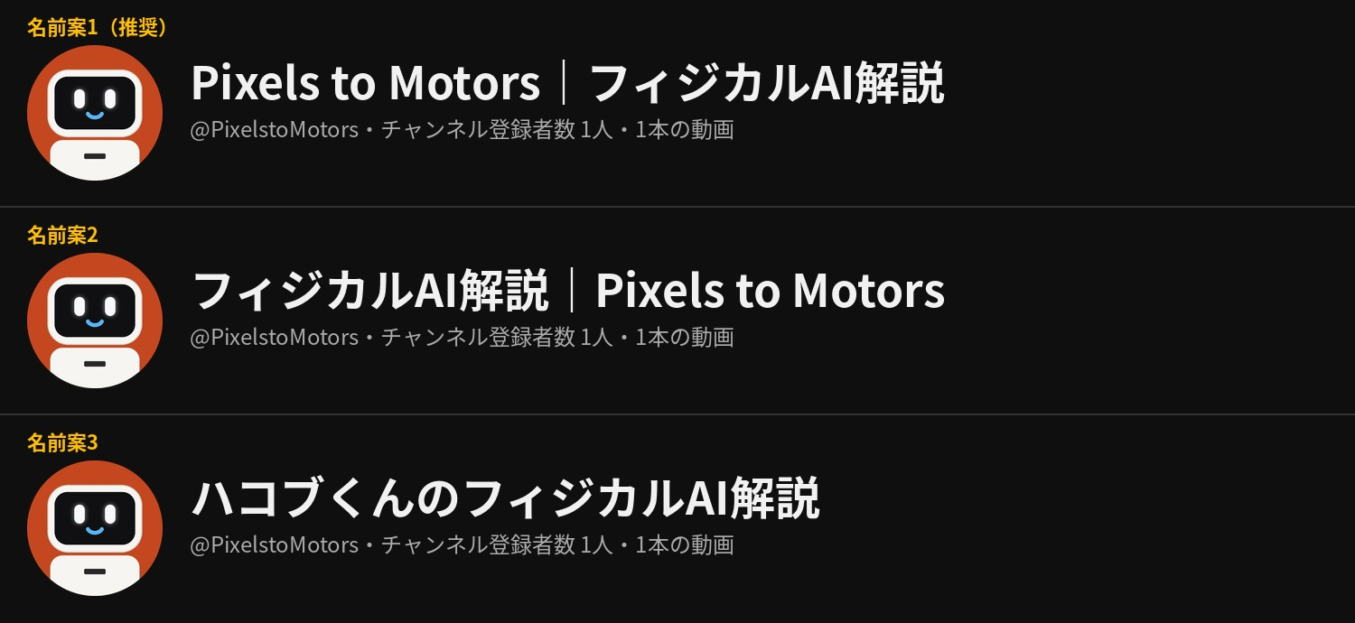 YouTubeチャンネルの顔を作る ― チャンネル名・アイコン・バナーをハコブくんにそろえるまで|チャンネル名は「フィジカルAI解説|Pixels to Motors」を候補にした