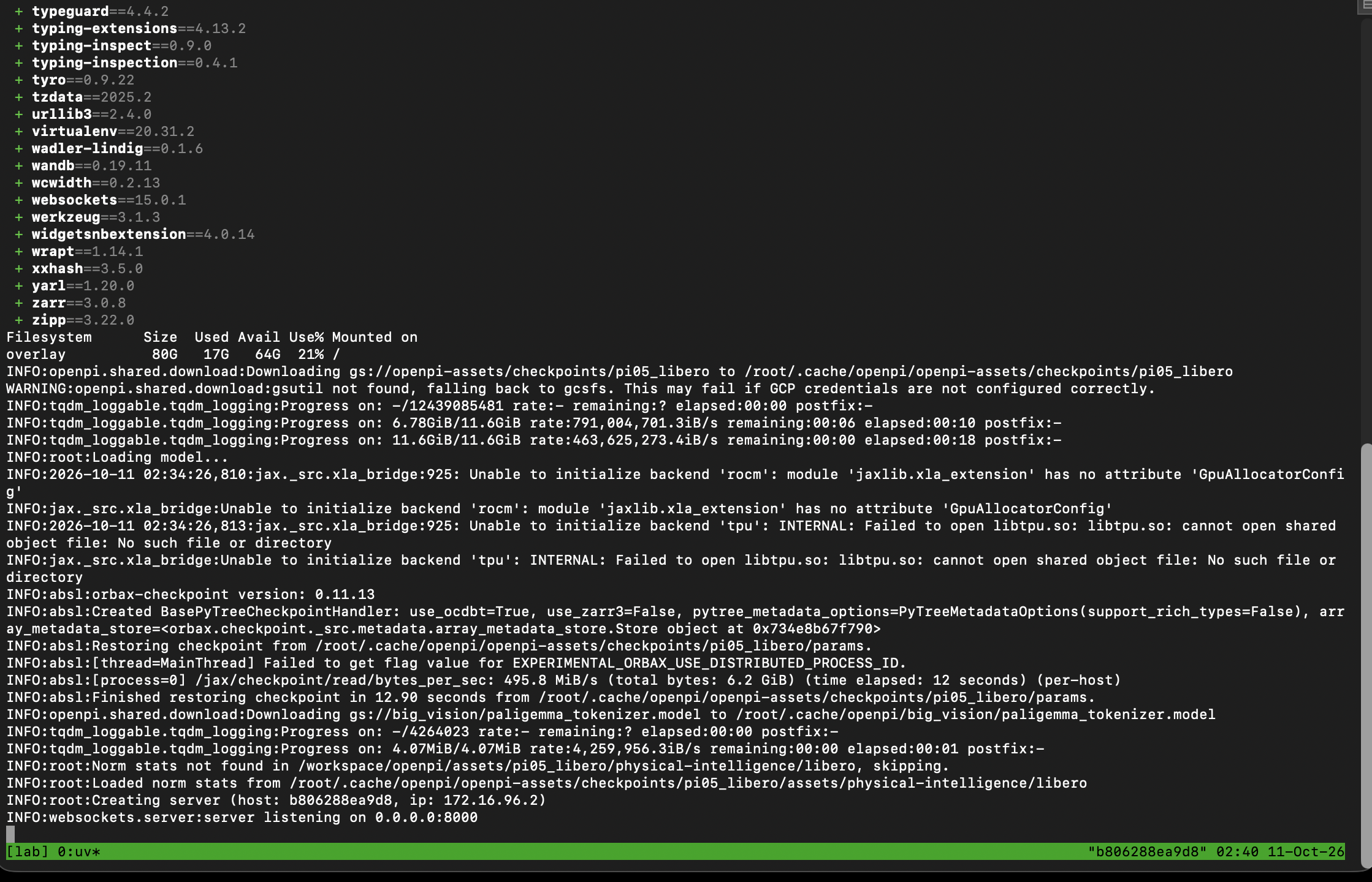フィジカルAI研究室を作る Log#3 | Physical Intelligenceπ0.5をシミュレータで評価し、本当に必要なGPUメモリを測る｜π0.5-LIBERO のサーバーは 11.6GiB を18秒でダウンロードし、12.90秒で読み込んだ