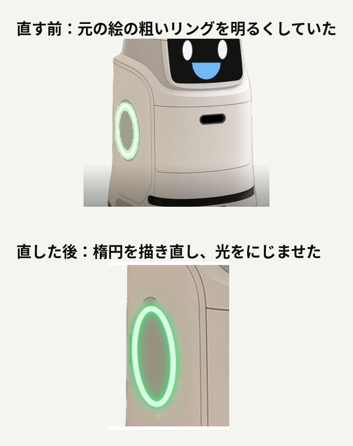 解説動画のナレーションをハコブくんに任せる ― 口と目と光をコードで動かし、文字が重ならない区画を決めた｜側面のリングは、元の絵を消して楕円を描き直し、顔と別の周期で光らせた