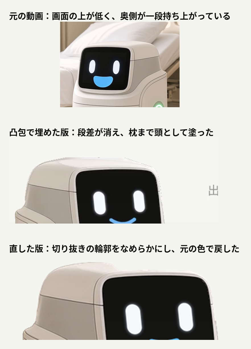 解説動画のナレーションをハコブくんに任せる ― 口と目と光をコードで動かし、文字が重ならない区画を決めた｜頭の上は、凸包で埋めると奥の段差が消えて枕まで塗っていた
